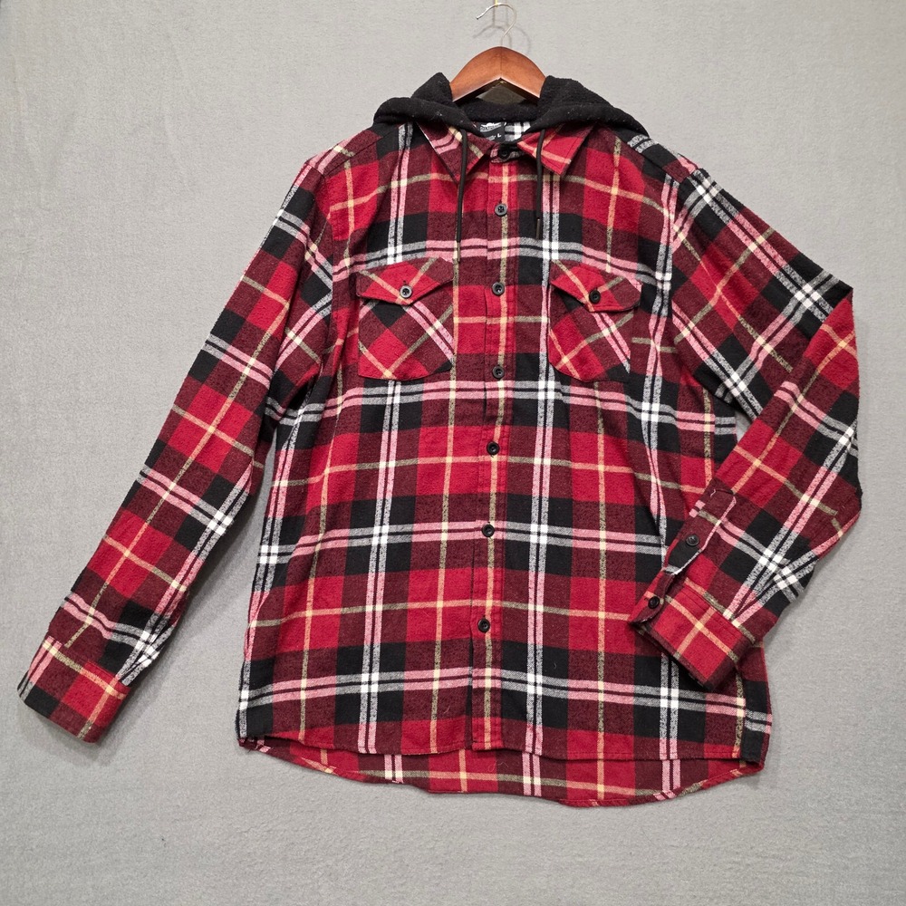 Fly Society Mens Red Plaid Long Sleeve Button Up Flannel Hoodie Size‎ Large